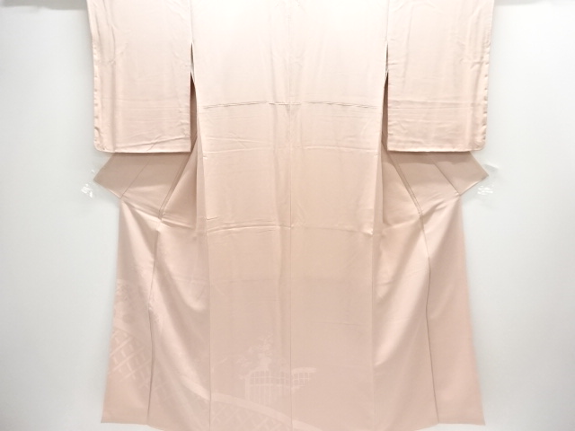 垣根に菊模様織り出し一つ紋付け下げ色無地着物